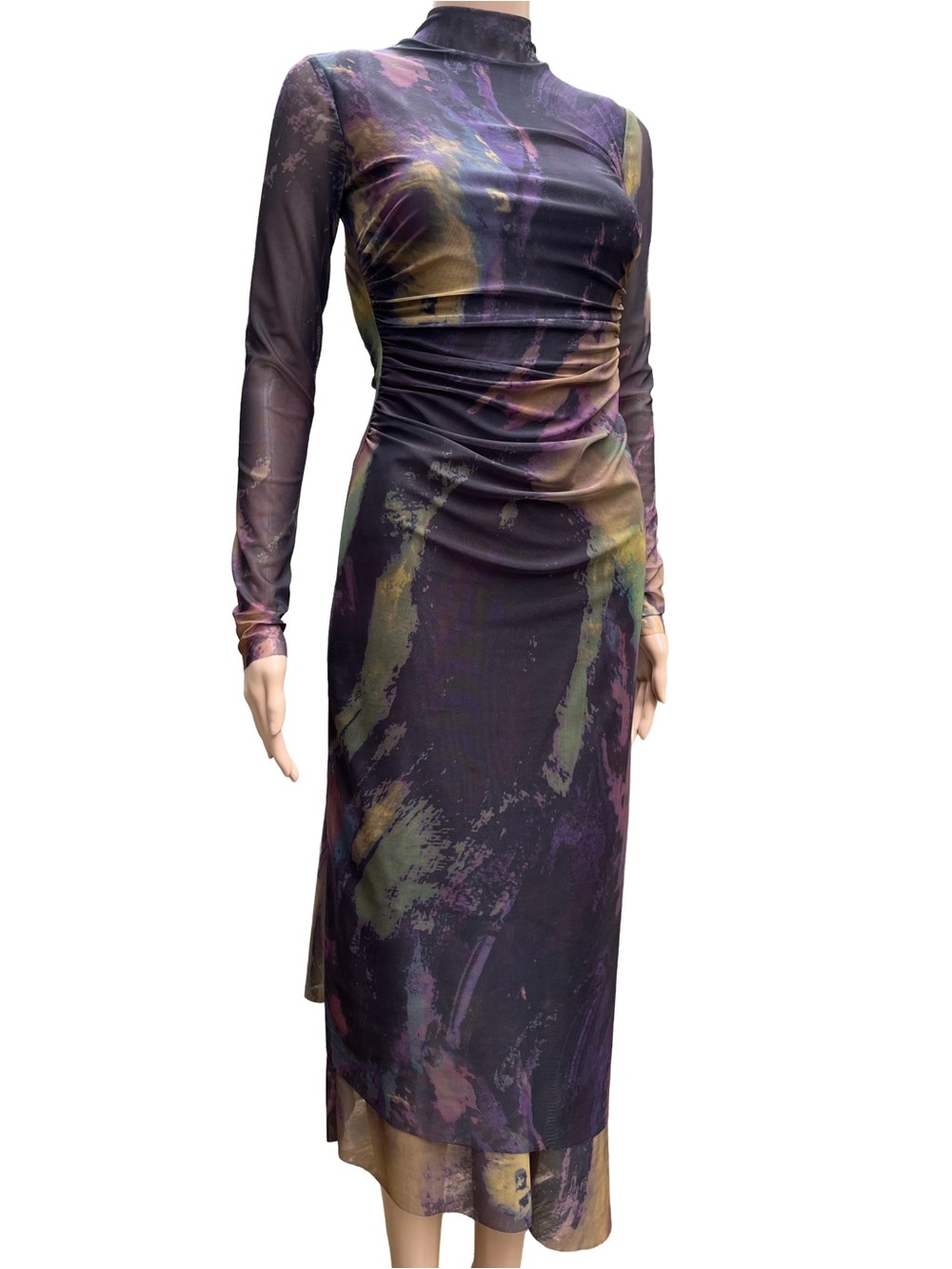 Zara Oil Slick Ruched Tulle Open Back Midi Dress S